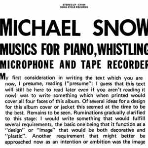 Michael Snow - Musics For Piano, Whistling, Microphone And Tape Recorder Album